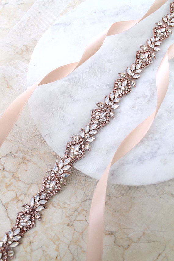Opal Rose Gold Bridal Belt: Rhinestone Pearl Wedding Dress Sash