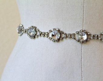 Bridal Vintage Rhinestone Jewel Sash. Silver Oval Crystal wedding Dress Belt.  VINTAGE GEM