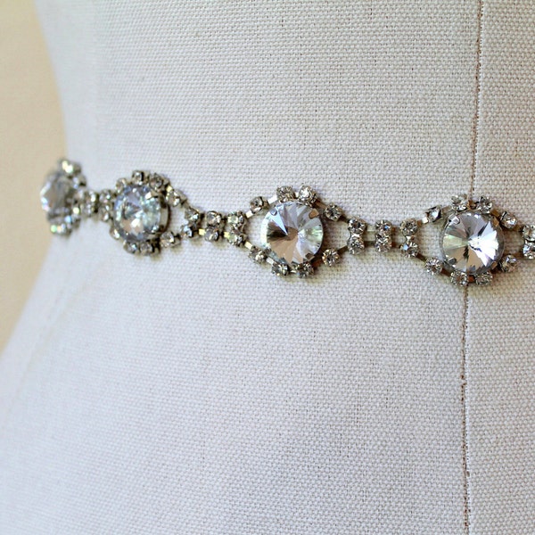 Bridal Vintage Rhinestone Jewel Sash. Silver Oval Crystal wedding Dress Belt.  VINTAGE GEM