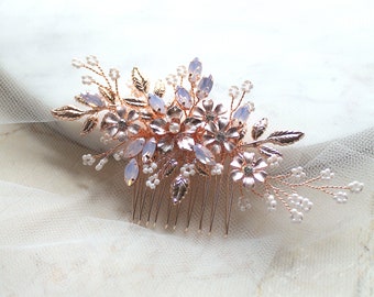 SALE. Rose gold Crystal Opal Bridal Headpiece. Leaf Vine Wedding Hair comb. Blush Pink Boho Flower. Pearl Hair Piece Jewelry. BLUSHING BRIDE