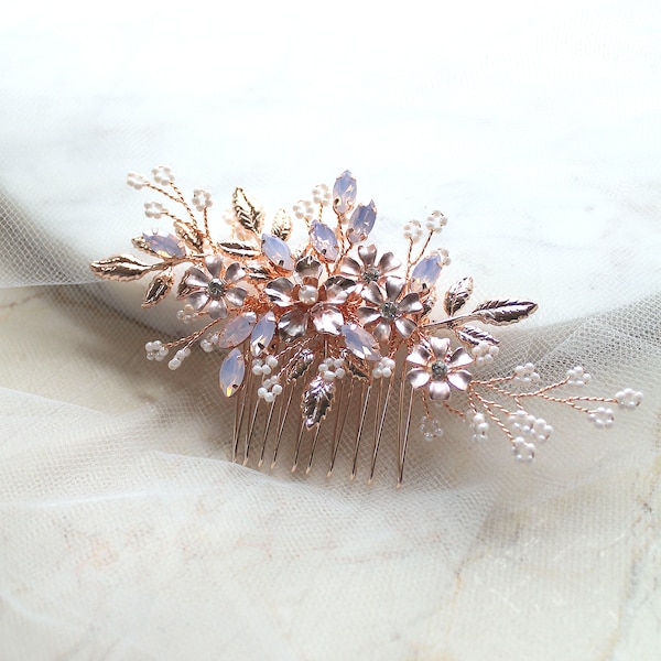 SALE. Rose gold Crystal Opal Bridal Headpiece. Leaf Vine Wedding Hair comb. Blush Pink Boho Flower. Pearl Hair Piece Jewelry. BLUSHING BRIDE