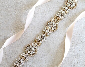 Gold Crystal Bridal Sash.  Gold Rhinestone Wedding Sash. Beaded Medallion Bride Sash.  SERENITY