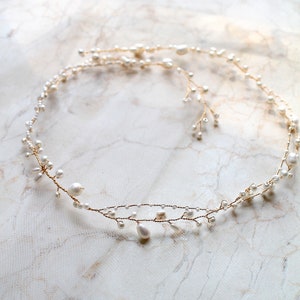 Bridal Freshwater Pearl Hair Vine. Gold Delicate Wedding Leaf Wreath, Halo. Minimalist Silver Bride Headpiece. Tiara Crown Headband. JUNE