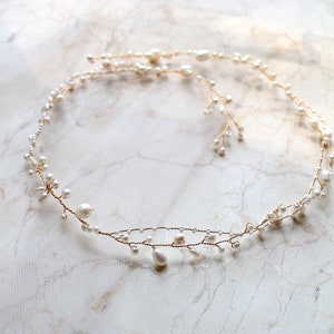 Bridal Freshwater Pearl Hair Vine. Gold or Silver Delicate Wedding Leaf Wreath, Halo. Minimalist Bride Headpiece, Tiara Crown Headband. JUNE image 1