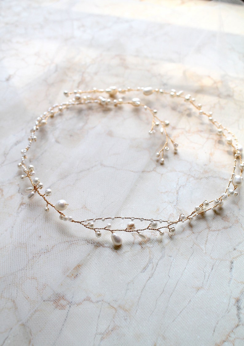 Bridal Freshwater Pearl Hair Vine. Gold or Silver Delicate Wedding Leaf Wreath, Halo. Minimalist Bride Headpiece, Tiara Crown Headband. JUNE image 1