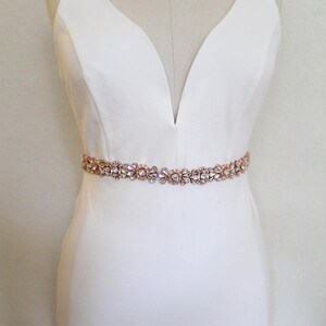 Rose gold or Gold Crystal Pearl Medallion Bridal Belt. Luxury Beaded Rhinestone Wedding Dress Sash. Bride Thin Belt. Beaded Applique. ELIE image 9