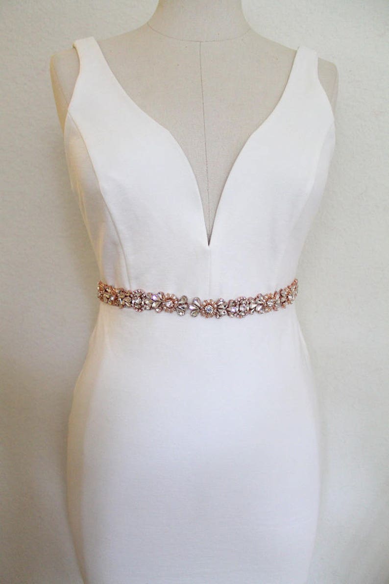 Rose gold or Gold Crystal Pearl Medallion Bridal Belt. Luxury Beaded Rhinestone Wedding Dress Sash. Bride Thin Belt. Beaded Applique. ELIE image 9