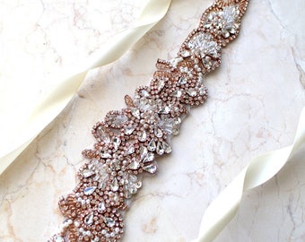 Rose gold Luxury Embroidered Hand Beaded Bridal Sash. Elegant Crystal Pearl Wedding Dress Belt. Rhinestone Tulle Applique Trim Sash. ETHEL