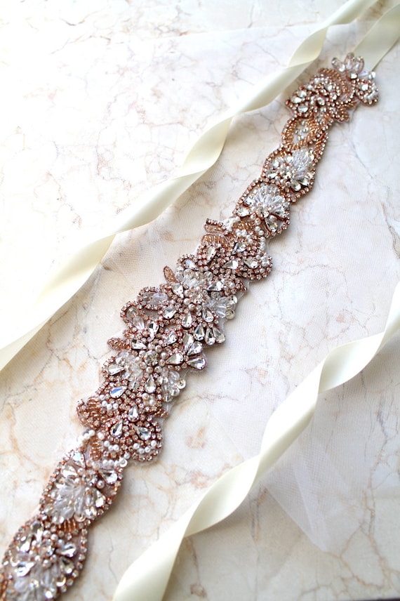 rose gold wedding dress sash Bridal Sash: Hand Beaded Crystal Pearl Belt night out dress