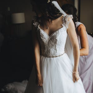 Bridal Silver Oval Crystal Sash. Beaded Rhinestone Ribbon Wedding Dress Belt. Bridesmaid Sash. Thin Slim All Around Plus Size Belt. CLAIRE image 8
