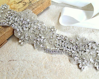 35% SALE. Silver Bridal Crystal Sash. Haute Couture Rhinestone Beaded Wedding Dress Belt. Pearl Luxury Bride Sash. LEANN