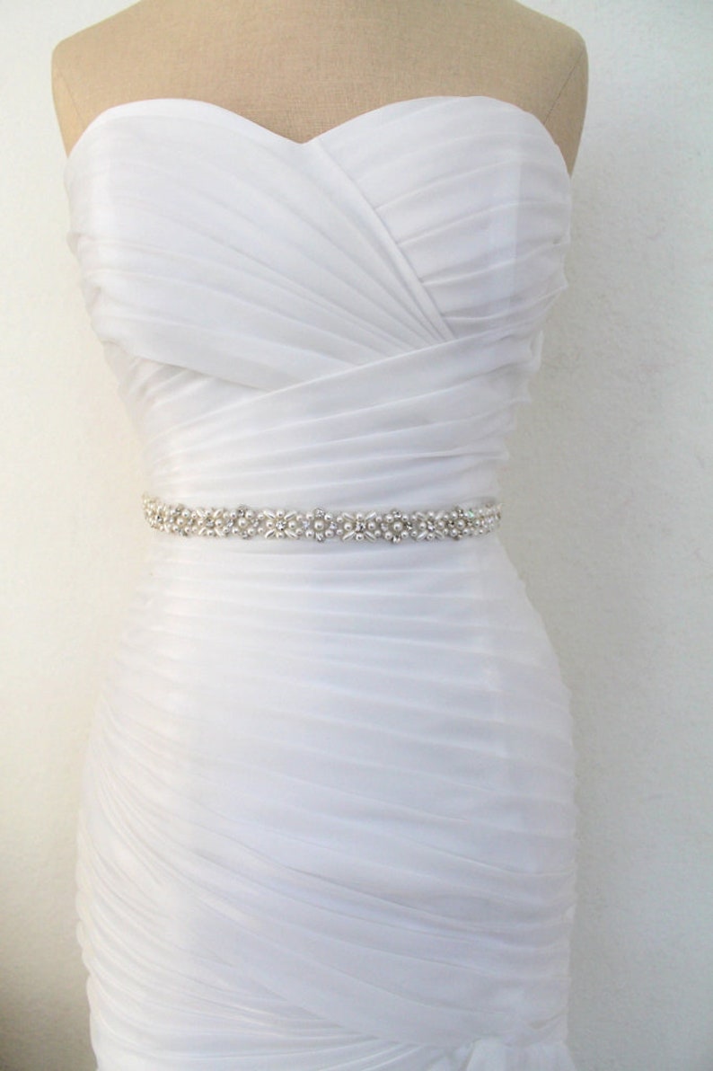 Ivory Pearl Thin Beaded Bridal Sash. Crystal Silver Elegant | Etsy