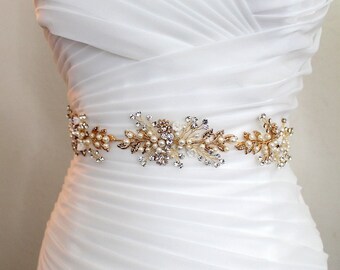 Silver or Gold Leaf Vine Wedding Dress Belt. Boho Crystal | Etsy