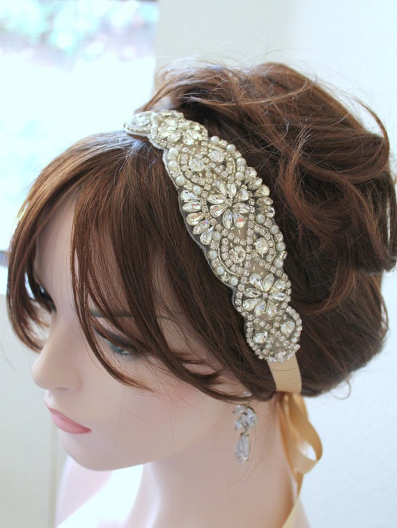 Vintage Crystal Pearl Bridal Headband: Beaded Wedding  display picture 3