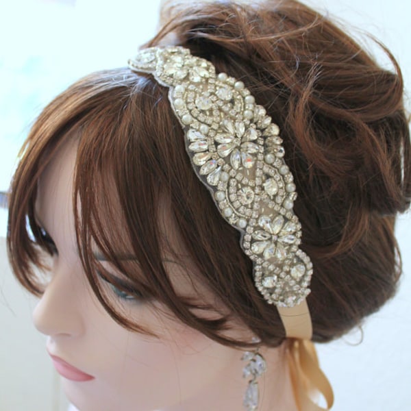 Bridal Silver, Gold or Rose gold Crystal, Pearl Headband. Rhinestone Applique Wedding Headpiece. Beaded Champagne Tiara, Crown. VINTAGE MODE