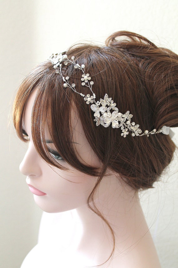 Silver Crystal Pearl Bridal Headpiece: Floral Wedding Hair  display picture 1