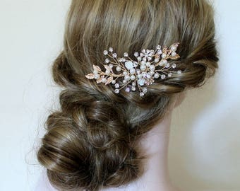 Gold or Rose gold Leaf Vine Wedding Headpiece. Boho Crystal Pearl Bridal Hair Comb. Silver Rhinestone Flower Wire Pin, Hairpiece. FLORA