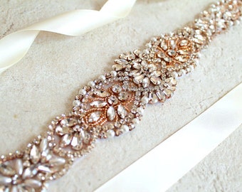 Rose gold or Silver Bridal Crystal, Pearl sash. Rhinestone Applique Wedding Dress Belt. Bride Sash. CALLISTA