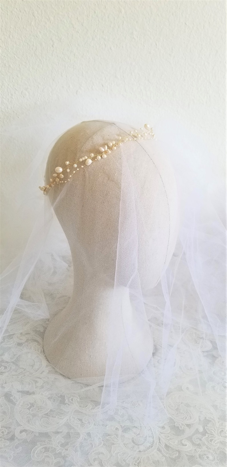 Bridal Freshwater Pearl Hair Vine. Gold or Silver Delicate Wedding Leaf Wreath, Halo. Minimalist Bride Headpiece, Tiara Crown Headband. JUNE image 6