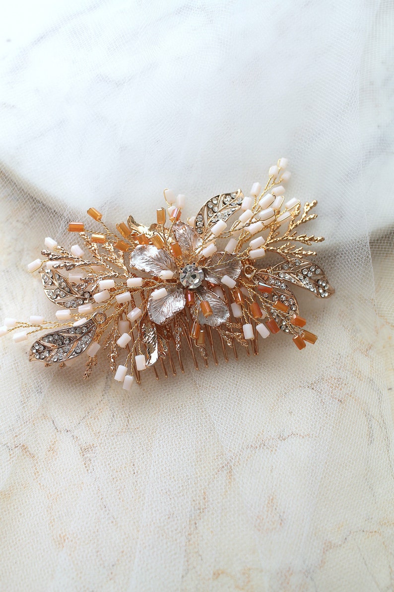 Glamorous Gold Bridal Hair Comb. Rustic Wedding Headpiece, Tiara, Crown. Crystal Diamante Flower Hair Piece. Bride Hair Jewelry. SIENNA image 1