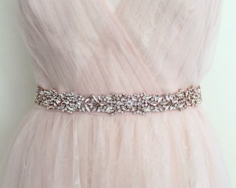 Luxury Rose gold Crystal Beaded Wedding Belt. Rhinestone Diamond Diamante Jewel Bridal Sash. All Around Bride Belt. CRYSTALLINE