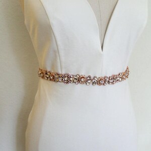 Rose gold or Gold Crystal Pearl Medallion Bridal Belt. Luxury Beaded Rhinestone Wedding Dress Sash. Bride Thin Belt. Beaded Applique. ELIE image 7