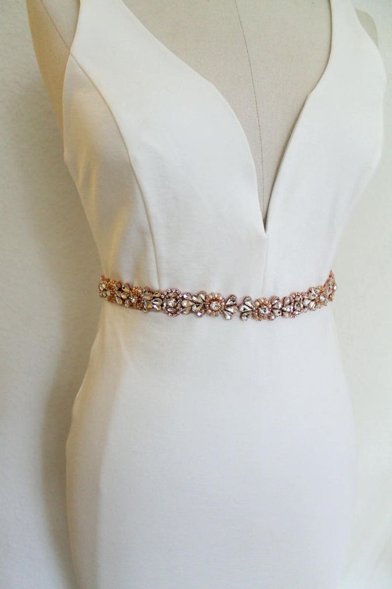 Rose gold or Gold Crystal Pearl Medallion Bridal Belt. Luxury Beaded Rhinestone Wedding Dress Sash. Bride Thin Belt. Beaded Applique. ELIE image 7