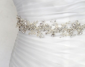 SALE. Silver Leaf Vine Bridal Sash. Boho/Bohemian Crystal Pearl Wedding Dress Belt. Rhinestone Delicate Floral Wire Sash. HAILEY