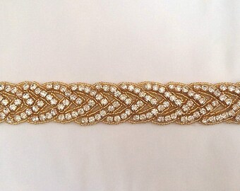 Gold Bridal Crystal Sash. Silver Rhinestone Wedding Belt.  Braided Bride Sash. CLASSIC BRAID GOLD