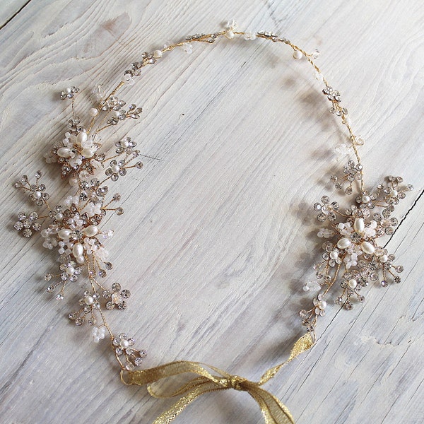 Gold Or Silver Leaf Vine Wedding Headpiece. Boho Crystal Pearl Flower Bridal Wreath. Rose gold Halo Headband. Rhinestone Hairpiece.  MARIE
