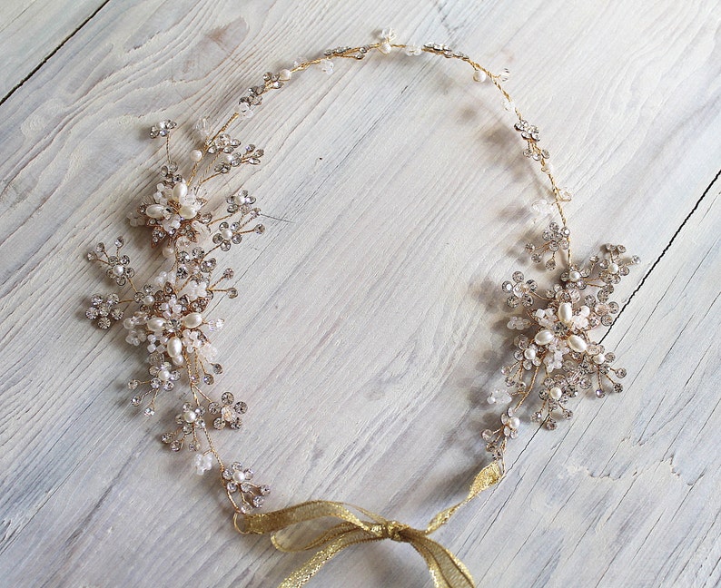 Gold Or Silver Leaf Vine Wedding Headpiece. Boho Crystal Pearl Flower Bridal Wreath. Rose gold Halo Headband. Rhinestone Hairpiece.  MARIE 