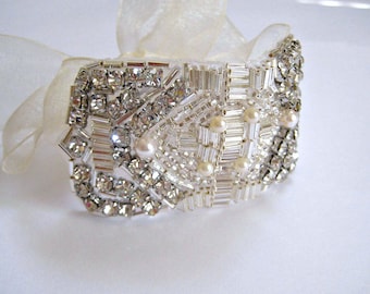 Bridal Great Gatsby Art Deco Bracelet.  Beaded Czechoslovakia Crystal Rhinestone Pearl Wedding Cuff. FLAPPER DECO