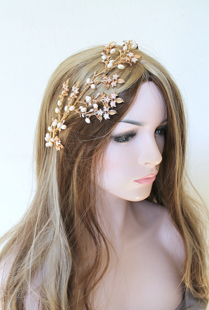 Gold Leaf Vine Boho Bridal Headpiece Freshwater Pearl Flower Etsy