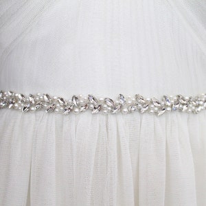 Silver Beaded Pearl Crystal Bridal Sash. All Around Thin Slim Gold Wedding Dress Belt. Rose gold Bridesmaid Rhinestone Leaf Trim. MICHEL image 2