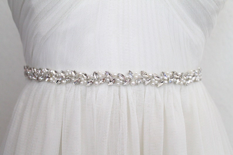 Silver Beaded Pearl Crystal Bridal Sash. All Around Thin Slim Gold Wedding Dress Belt. Rose gold Bridesmaid Rhinestone Leaf Trim. MICHEL image 2