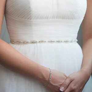 Bridal Silver Oval Crystal Sash. Beaded Rhinestone Ribbon Wedding Dress Belt. Bridesmaid Sash. Thin Slim All Around Plus Size Belt. CLAIRE image 4