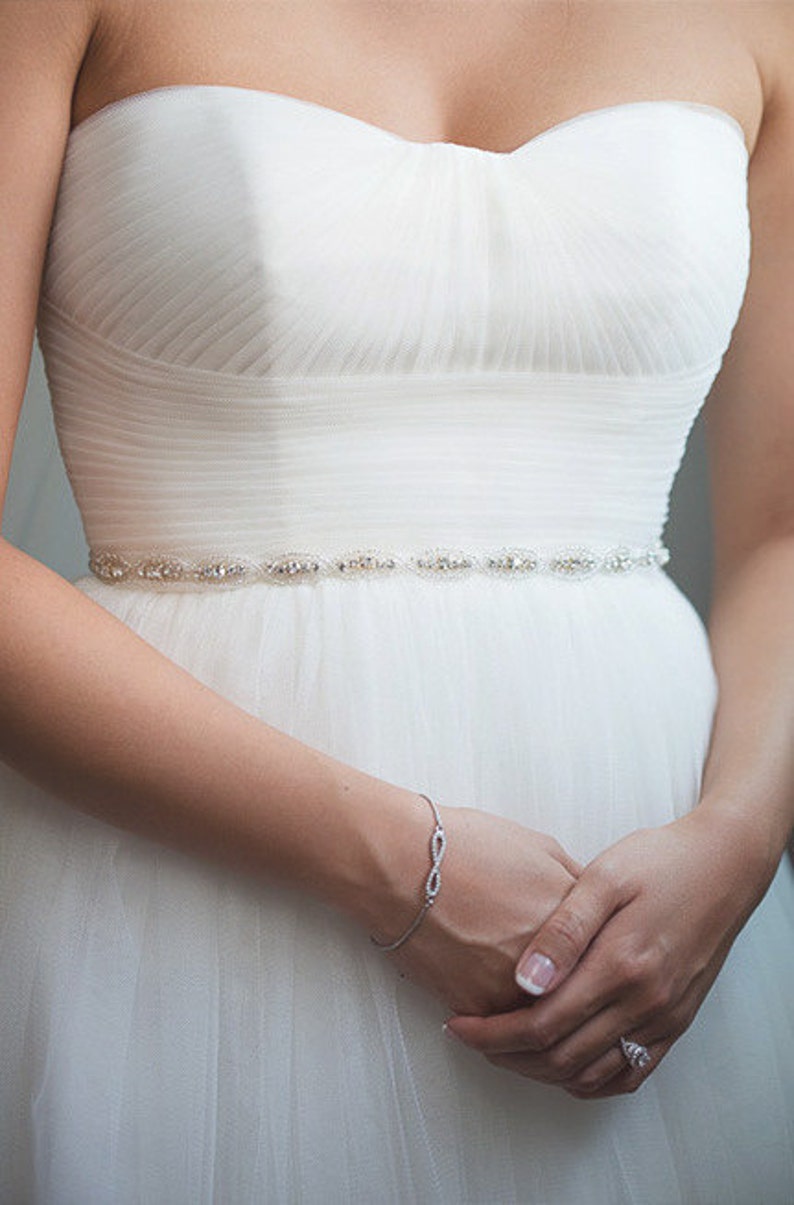 Bridal Silver Oval Crystal Sash. Beaded Rhinestone Ribbon Wedding Dress Belt. Bridesmaid Sash. Thin Slim All Around Plus Size Belt. CLAIRE image 4