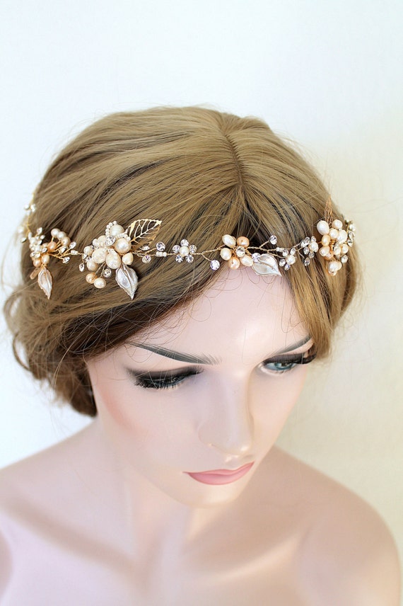 Gold Bridal Headpiece Pearl Crystal Flower Hair Vine for Weddings and Formal Eve Amazon.com : JAKAWIN Bride Flower Wedding Hair Vine Crystal  main image 2