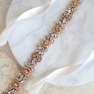 Rose gold or Gold Crystal Pearl Medallion Bridal Belt. Luxury Beaded Rhinestone Wedding Dress Sash. Bride Thin Belt. Beaded Applique. ELIE image 2