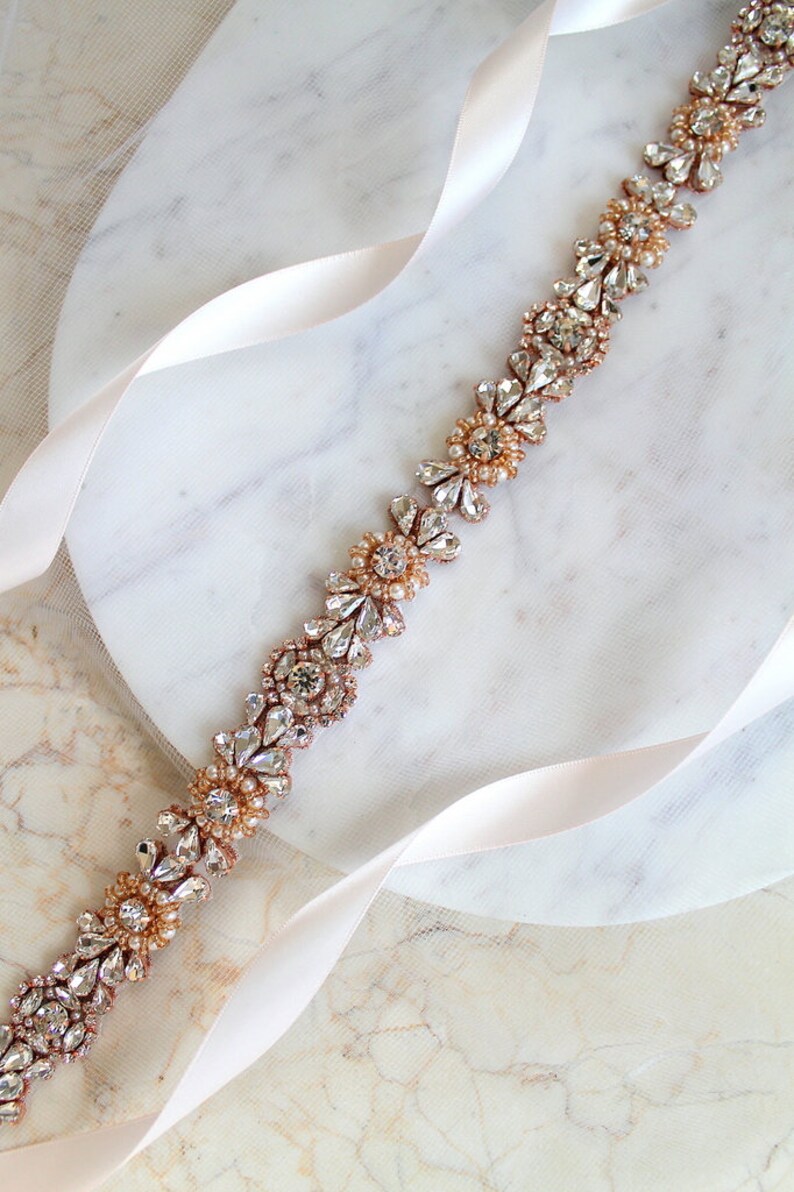 Rose gold or Gold Crystal Pearl Medallion Bridal Belt. Luxury Beaded Rhinestone Wedding Dress Sash. Bride Thin Belt. Beaded Applique. ELIE image 2