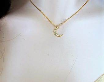 Gold Crescent Moon Necklace. Cubic Zirconia,14k Gold filled Dainty Chain. Tiny,Delicate Silver Choker. Layer Simple Everyday,Bridesmaid Gift