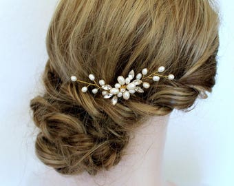 Gold Freshwater Pearl Hair Vine Pin. Small Bridal Delicate Flower Crystal Boho Leaf Headpiece. Rhinestone Wedding Hair Clip,Comb. ARIEL