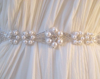 Bridal Czechoslovakia pearl, crystal sash. Beaded flower Wedding belt.  PEARLESCENT