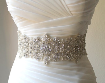 Luxury Thick/Wide Statement Swarovski Crystal, Pearl Bridal Sash. 4 inch Wide Beaded Rhinestone Wedding Dress Belt. VERA