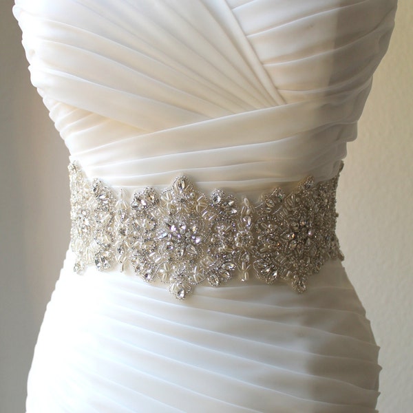 Luxury Thick/Wide Statement Swarovski Crystal, Pearl Bridal Sash. 4 inch Wide Beaded Rhinestone Wedding Dress Belt. VERA