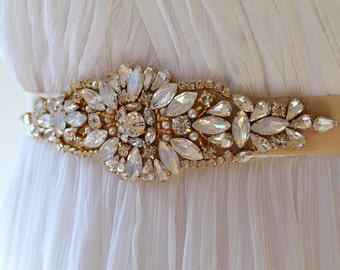 Gold Opal Crystal Bridal Sash. Rhinestone Pearl Applique Wedding Belt. Gold Art Deco Wedding Sash.  DAISY