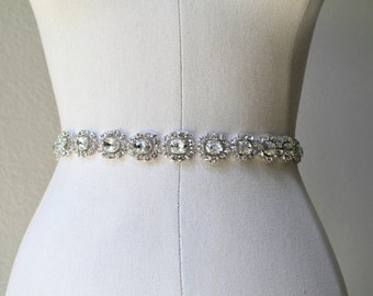 Beaded fine Czechoslovakia crystal flower Bridal sash. Rhinestone ribbon Wedding dress belt.  ARIA