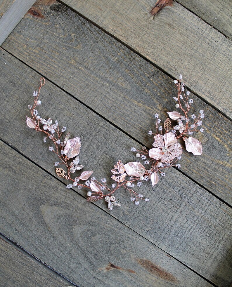 Rhinestone Pink Floral Rustic Hairpiece Blush Boho Crystal Pearl Wedding Wreath Headband Rose gold or Gold Leaf Vine Bridal Headpiece BEA