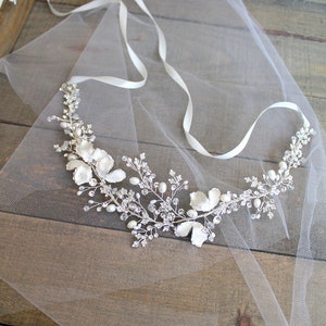 Silver Floral Leaf Vine Wedding Dress Belt. Boho Crystal Freshwater Pearl Bridal Sash. Rhinestone Flower Wired Sash.  ENCHANTRESS-S