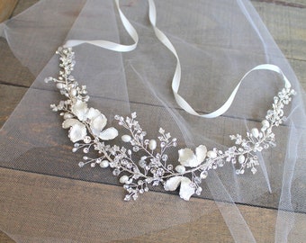 Silver Floral Bridal Belt: Crystal Pearl Wedding Dress Sash